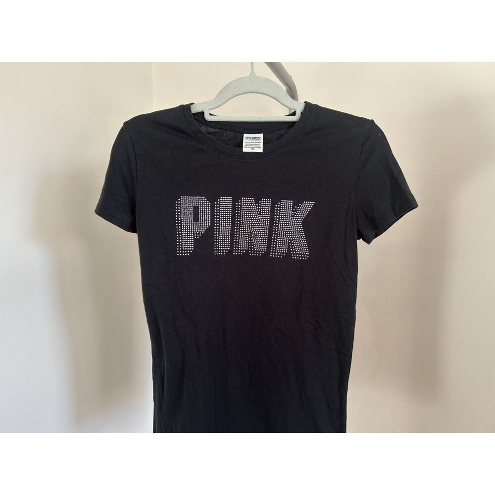 Victoria Secret PINK Short Sleeve Perfect T Shirt Black Shine Rhinestone Logo XS - Picture 3 of 5